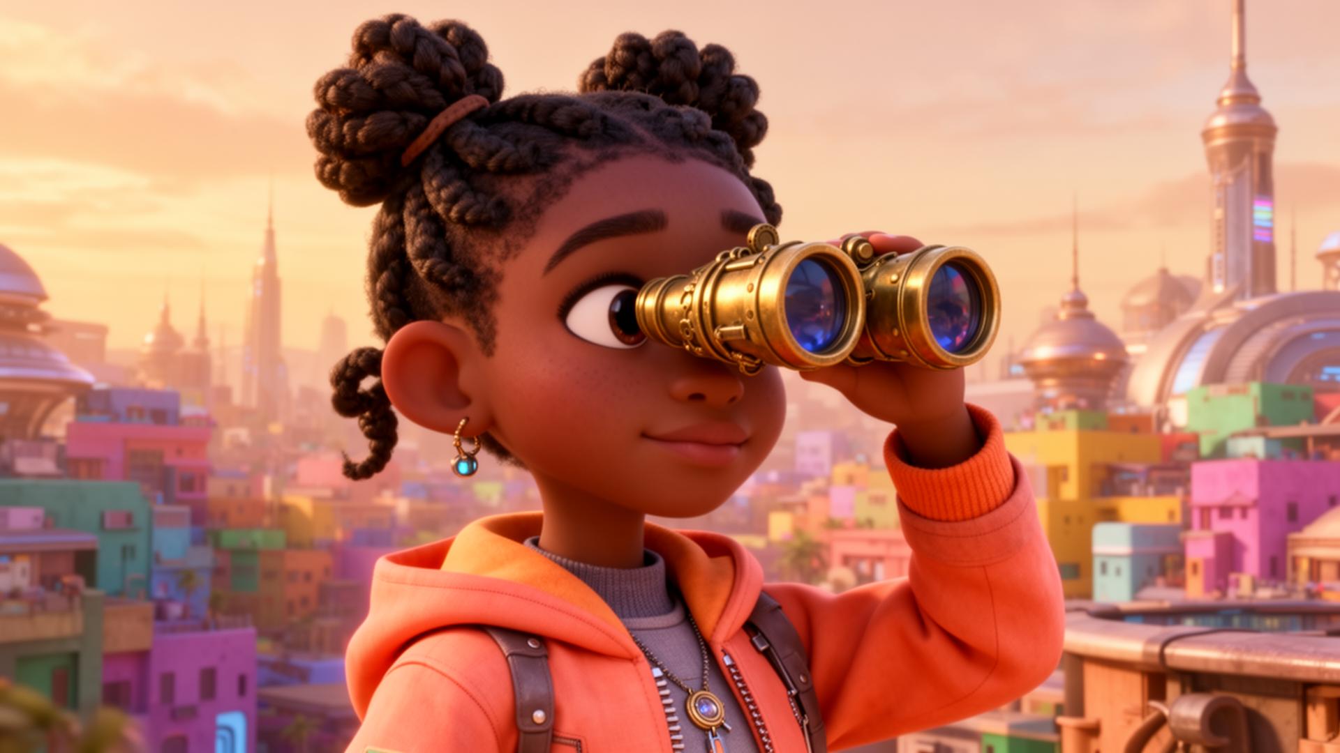 Afrofuturistic explorer with binoculars